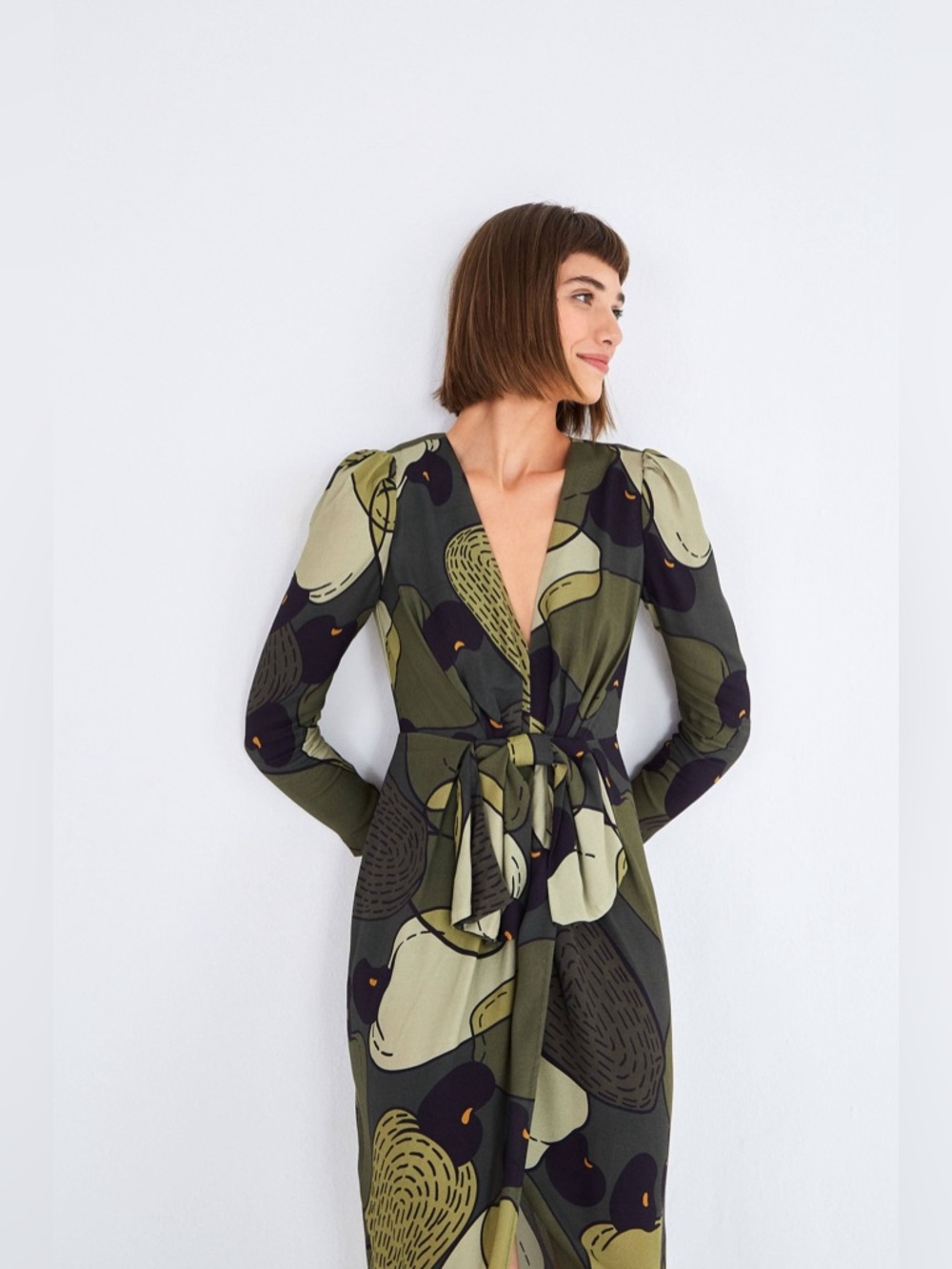 Farm Rio Military Cashew Wrap Dress Midi Green Print Belted M Flawed